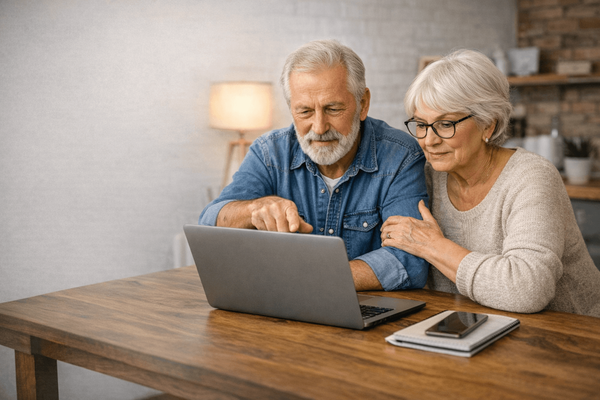 Para seniorów przy laptopie przeglądają internet.